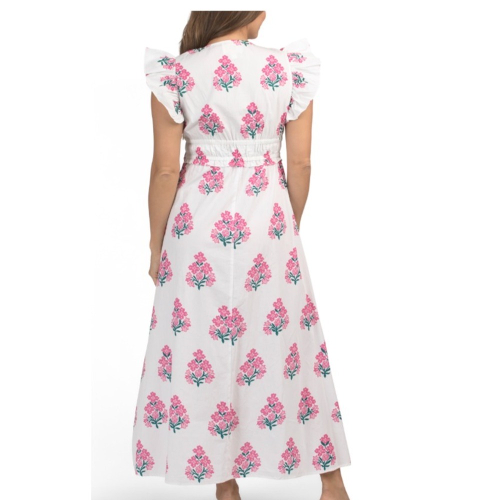 NWT Sail to Sable Pink White Floral Cotton Resort Maxi Dress Smocked Flutter L - Picture 2 of 5